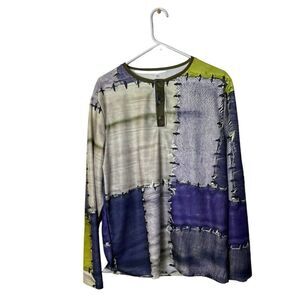 Colorful Patchwork Design Long Sleeve Henley Shirt M